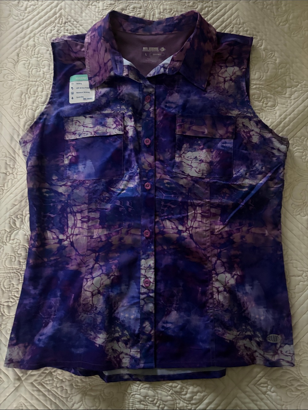 Reel Legends Purple Tie-Dye Sleeveless Button-Down Top